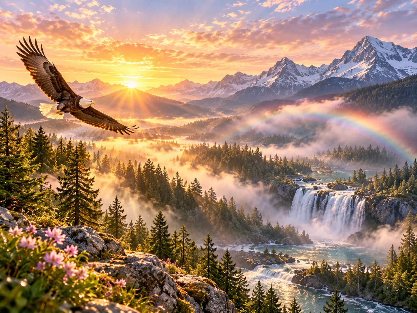 Eagle, mountains, waterfall and rainbow